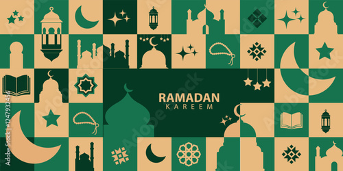greeting cards banner poster Ramadan and Eid  background with copy space,Eid Al-Fitr Mubarak, Ramadan Kareem, Islamic Style Greeting Background Collection Set with Arabic Ornaments Modern geometric.