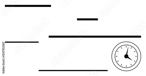 Simplistic dashboard composition with black horizontal lines and an analog clock on the right. Ideal for time tracking, organization, minimalism, productivity, scheduling, data management