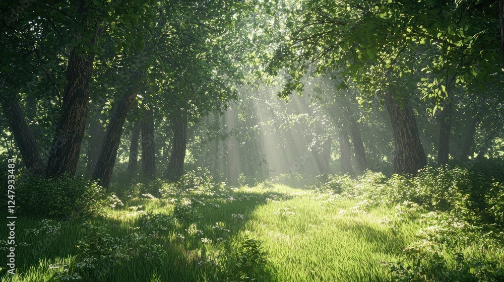 Fototapeta premium Sunbeams Dancing Through a Lush Forest