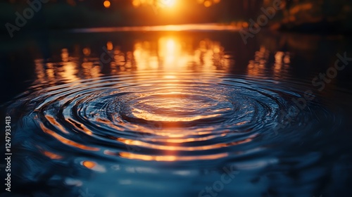Acoustic waves in fluids ripples spread across a serene sunset reflecting on a water drop with rippling effects