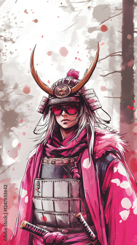 Obraz premium Epic Samurai Warrior in Vibrant Armor with Katana and Horned Helmet: A Bold Fantasy Illustration of Strength, Tradition, and Courage in a Dramatic Forest Landscape