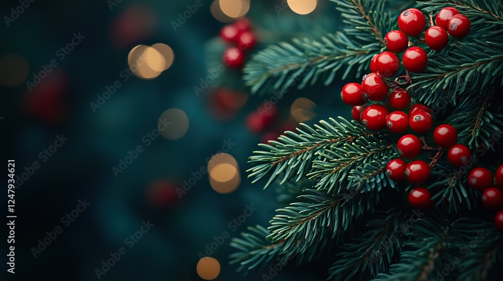 Christmas decoration with green pine branches and red berries set against a dark background, creating a festive holiday mood. Christmas decoration with green pine branches and red berries set against a dark background, creating a festive holiday mood.