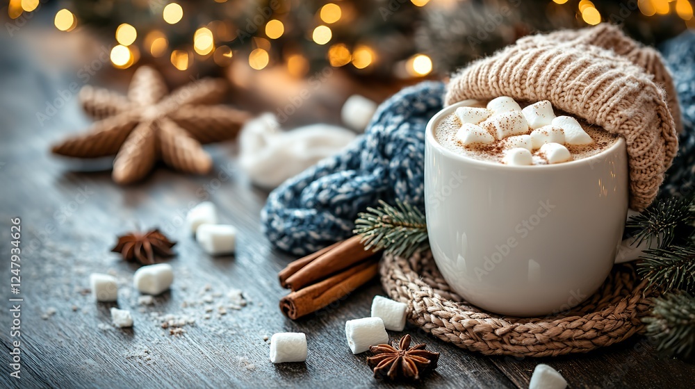 Christmas concept. a hat, scarf, mittens, for branches, a wicker star, a cup of hot drink with marshmallows, mistletoe berries, anise, and cinnamon sticks on a wooden desk background, with copyspace Christmas concept. a hat, scarf, mittens, for branches, a wicker star, a cup of hot drink with marshmallows, mistletoe berries, anise, and cinnamon sticks on a wooden desk background, with copyspace