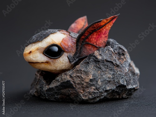 A stone carving of a fantasy creature perched on a rock. photo