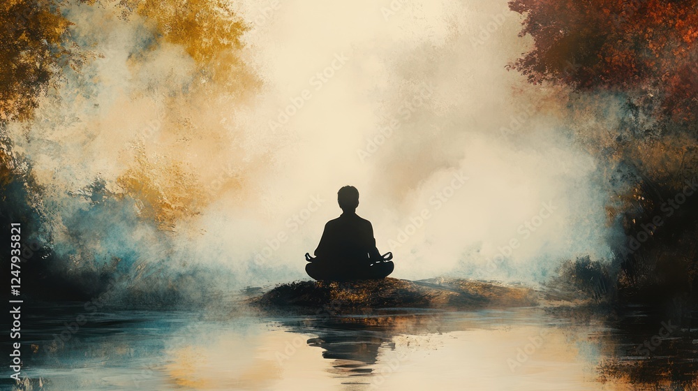 Serene man meditating by misty autumn lake Serene man meditating by misty autumn lake