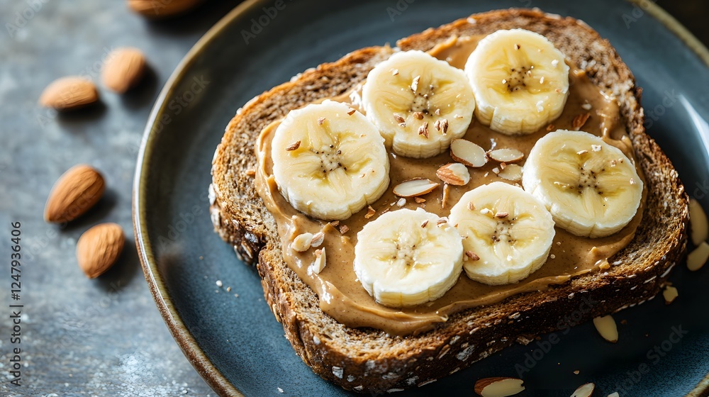 Peanut Butter and Banana Toast:  A close-up shot of a simple and delicious breakfast or snack, a slice of whole grain toast topped with creamy peanut butter and sweet banana slices.