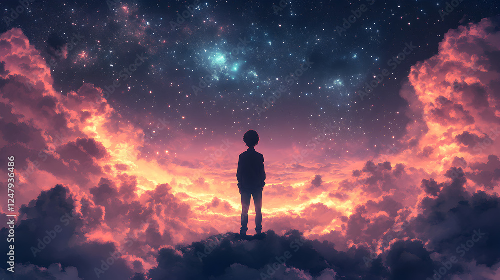 Fototapeta premium Exploring the Ethereal Landscape of Twilight: A Child's Journey Through the Cosmos, Stars, and Dreamy Colors in a Mystical Universe of Wonder and Solitude