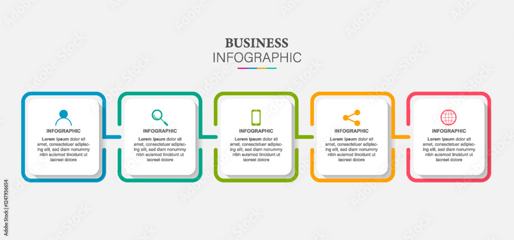 Line flow infographic. 5 steps square timeline milestone graphic, presentation banner concept. Line flow infographic. 5 steps square timeline milestone graphic, presentation banner concept.