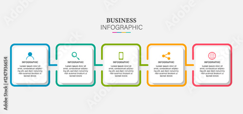 Line flow infographic. 5 steps square timeline milestone graphic, presentation banner concept. 
