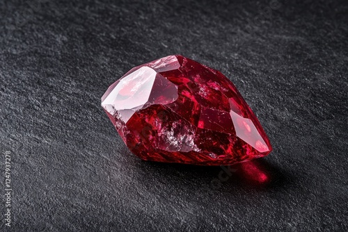 A large, uncut ruby gemstone on a dark surface. photo