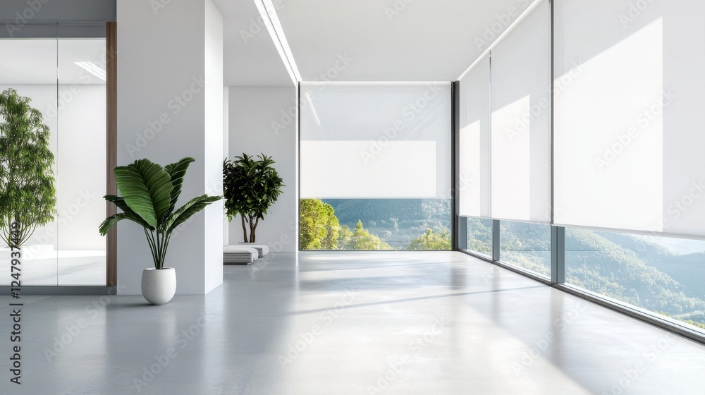 Fototapeta premium Modern minimalistic interior design showcasing panoramic windows and greenery against a serene mountain backdrop