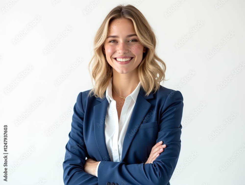 A confident young woman with wavy, shoulder-length blonde hair smiles warmly, wearing a light blue blazer over a white collared shirt. Her arms are crossed as she stands against a plain background, ex A confident young woman with wavy, shoulder-length blonde hair smiles warmly, wearing a light blue blazer over a white collared shirt. Her arms are crossed as she stands against a plain background, ex