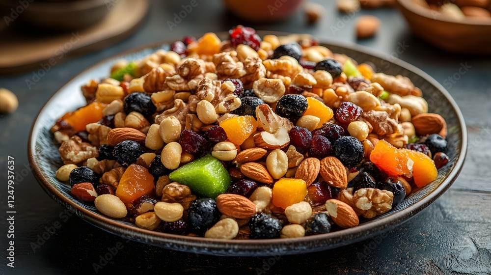 A Symphony of Flavors: A vibrant mix of dried fruits, nuts, and berries, ready to be enjoyed as a healthy and delicious snack. A Symphony of Flavors: A vibrant mix of dried fruits, nuts, and berries, ready to be enjoyed as a healthy and delicious snack.