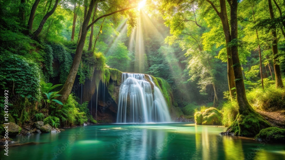 Fototapeta premium waterfall in green forest jungle scene with sunlight filtering through the trees, forest environment , water feature