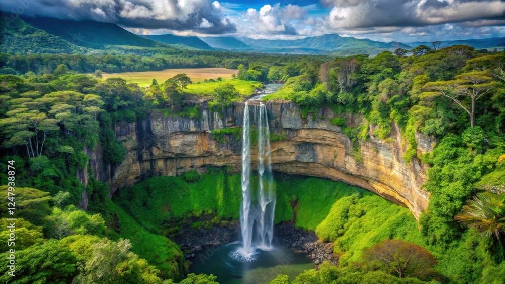 Fototapeta premium Stunning Chamarel Waterfall in lush tropical island from top view with greenery and vibrant colors, misty atmosphere and turquoise water, lush green, waterfall