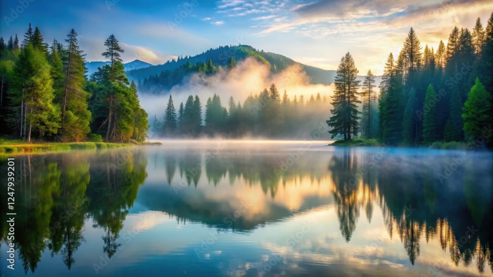 Fototapeta premium A serene mountain lake at dawn with misty fog rising from the water's surface, surrounded by lush greenery and tall trees, creating a peaceful atmosphere, dawn light, tranquil scene