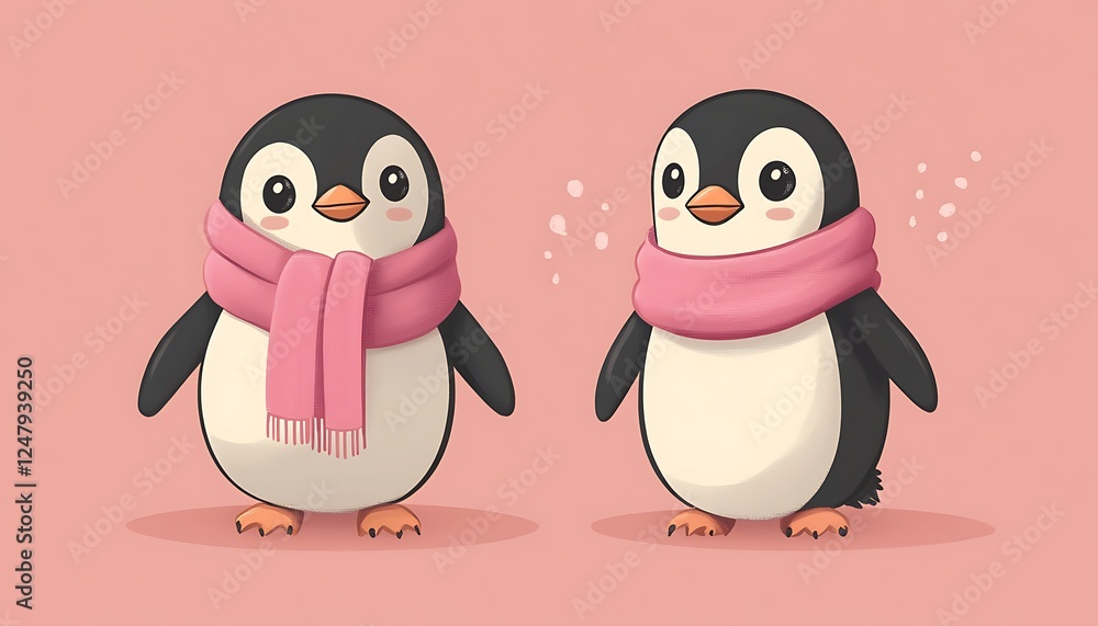 Naklejka premium Cute penguins in scarves, winter scene