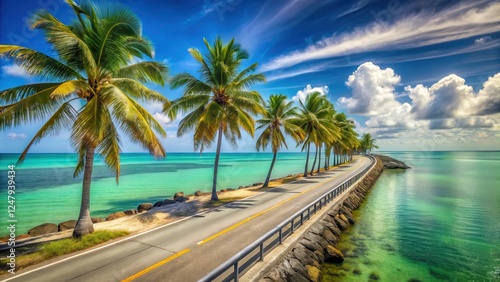 Sun-kissed palm trees and turquoise waters along scenic Key West Road in Florida , scenic drive road key west florida landscape nature, photo