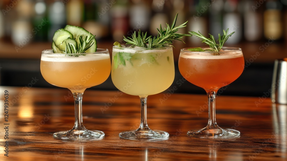 Fototapeta premium Three elegant cocktails garnished with cucumber, rosemary, and mint on a bar.