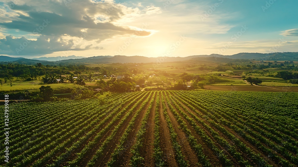 Golden Hour Vineyard: A Serene Sunset Over Lush Green Rows Golden Hour Vineyard: A Serene Sunset Over Lush Green Rows