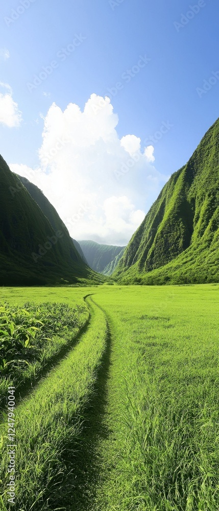 Fototapeta premium Lush green valley surrounded by towering mountains under a bright blue sky, with a winding path leading through the vibrant landscape.