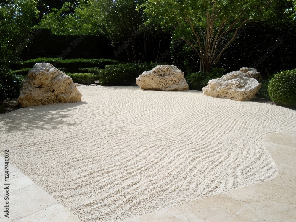 Fototapeta premium Zen garden with raked sand and rocks.