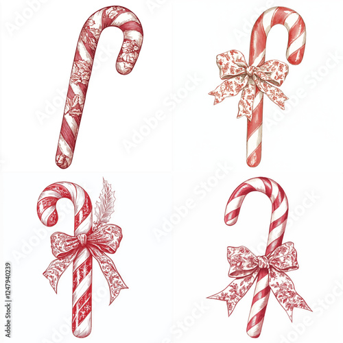 Chinoiserie Candy Cane Set - Porcelain Christmas Clipart Vector Illustration