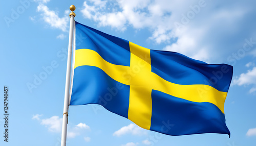 Sweden flag waving proudly in a clear blue sky. Swedish Flag 