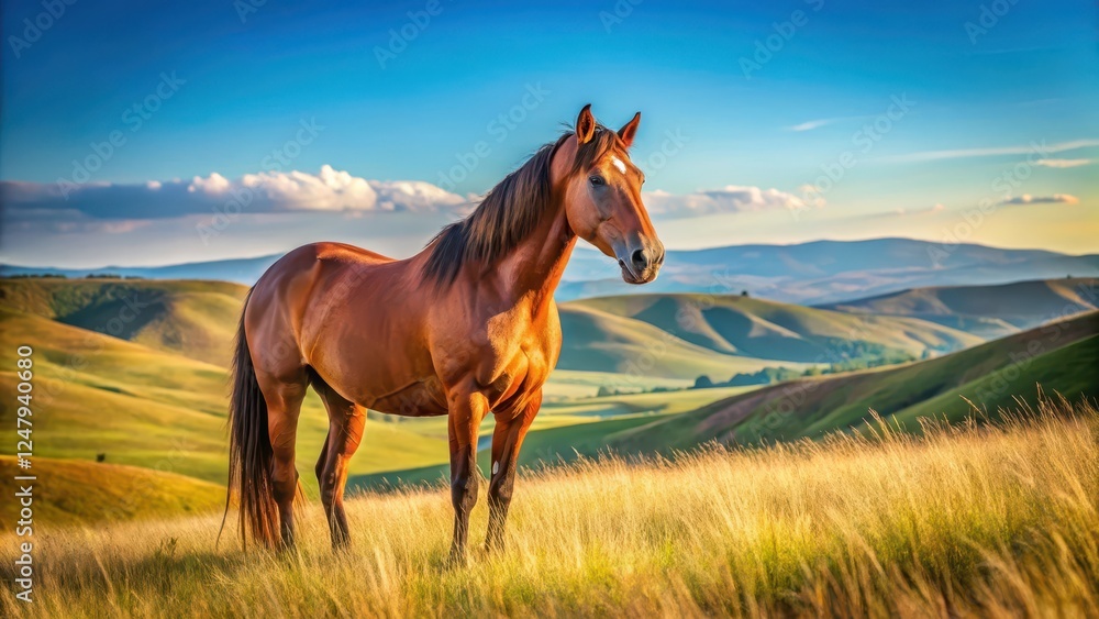 A majestic brown horse stands alone in a vast, open field with rolling hills and a clear blue sky, its coat glistening in the sunlight , brown horse, horse solo A majestic brown horse stands alone in a vast, open field with rolling hills and a clear blue sky, its coat glistening in the sunlight , brown horse, horse solo