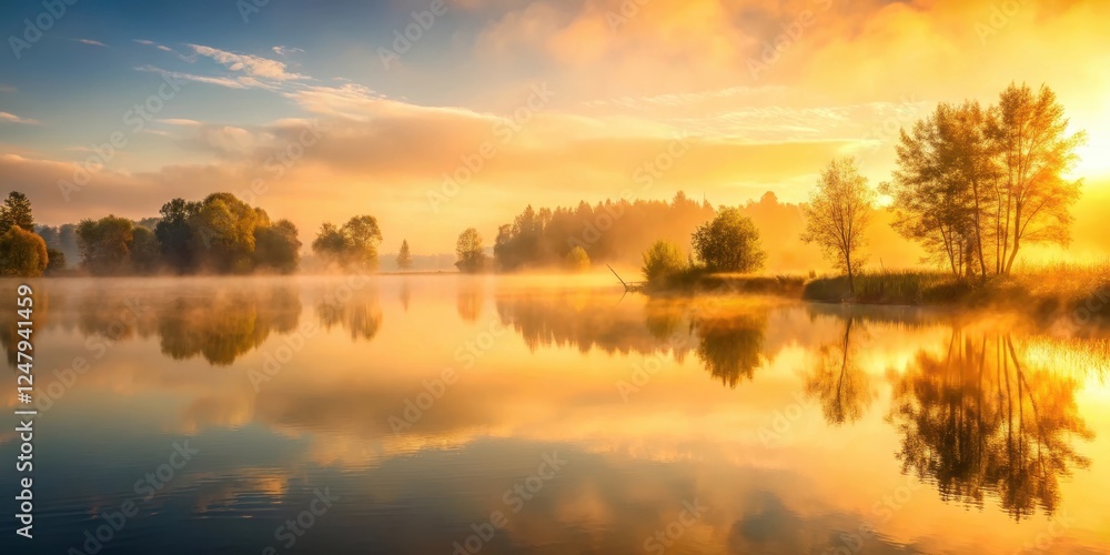 Obraz premium Dawn over serene lake landscape with misty atmosphere and soft golden light , misty, serene, misty, serene