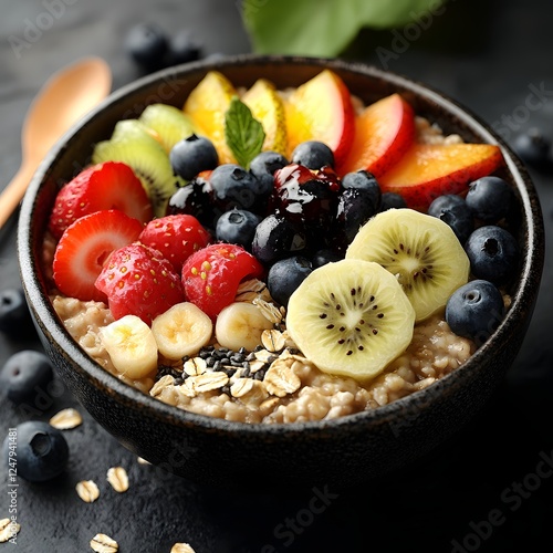 Vibrant Fruit Oatmeal Bowl: A healthy and delicious breakfast of oatmeal topped with an array of fresh, colorful fruits including blueberries, raspberries, strawberries, kiwi, peach.