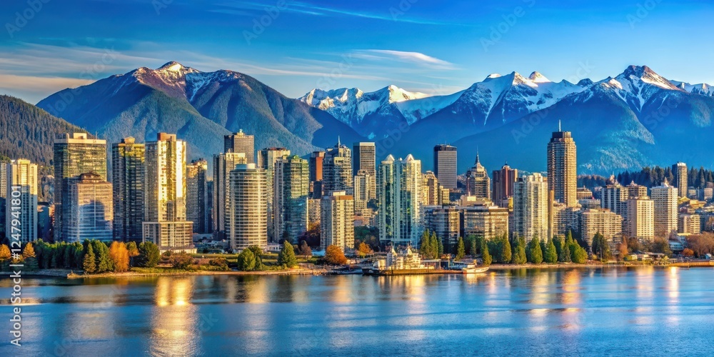 Obraz premium Panoramic view of Vancouver skyline with skyscrapers, mountains, water, English Bay