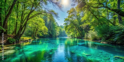 Serene turquoise water flows gently through a lush forest on a sunny summer solstice day surrounded by tall trees and vibrant greenery, foliage, greenery
