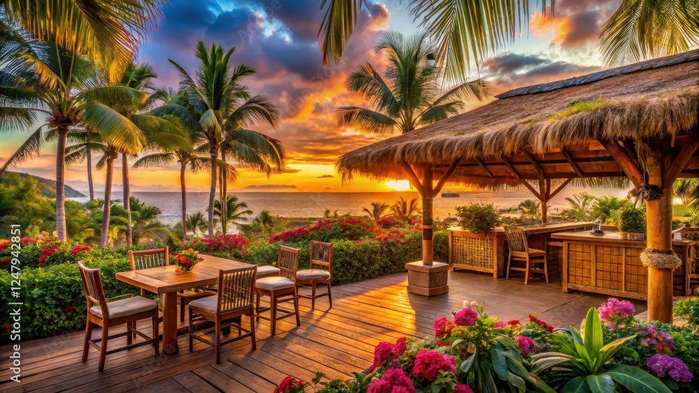 Fototapeta premium Sunset over a tiki bar with bamboo tables and chairs, surrounded by lush greenery and exotic flowers, palm trees, outdoor, palm trees