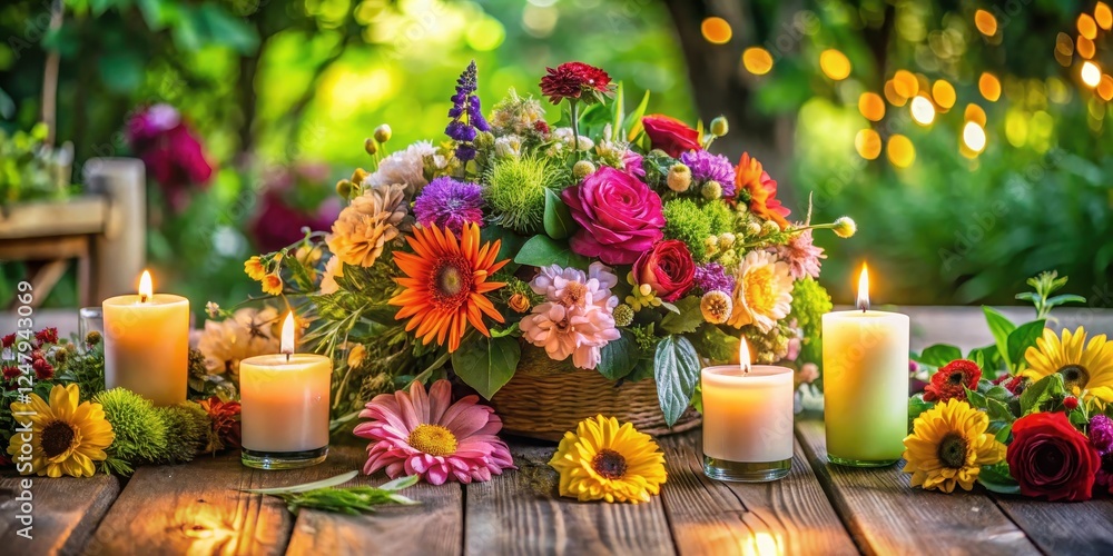 Fototapeta premium Vibrant floral arrangement on a wooden table, surrounded by lush greenery and candles