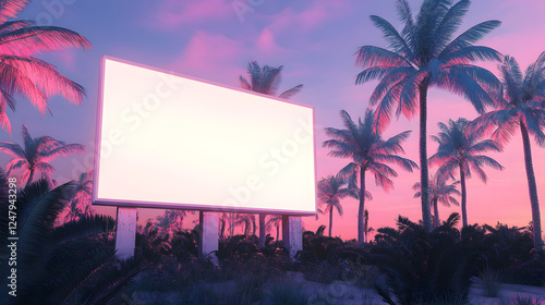 blank billboard attached to a glowing purple and teal skyscraper, with soft light trails of flying cars in the background  photo