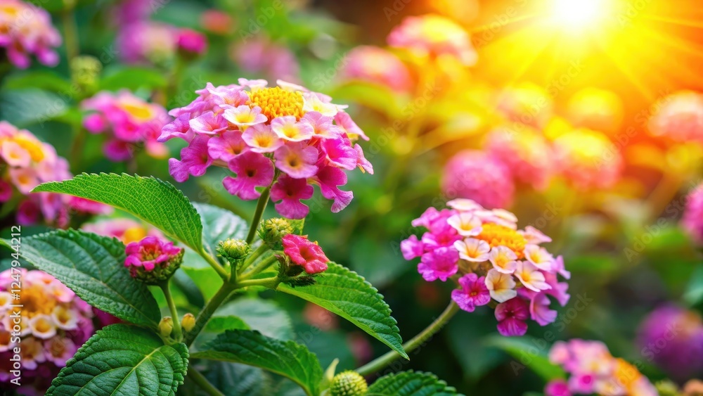 Vibrant pink lantana camara flowers in full bloom surrounded by lush green foliage and warm sunlight filtering through the leaves, colorful flowers, flowering plant Vibrant pink lantana camara flowers in full bloom surrounded by lush green foliage and warm sunlight filtering through the leaves, colorful flowers, flowering plant