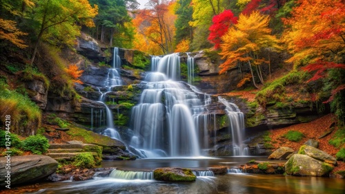 A serene waterfall cascading down a rocky slope surrounded by lush greenery and vibrant foliage next to a fallen tree in autumn colors, foliage, nature