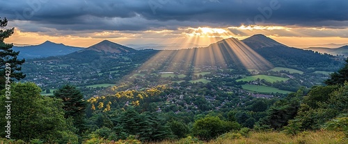 Sunset rays over Malvern Hills town, UK. Peaceful landscape, nature background photo