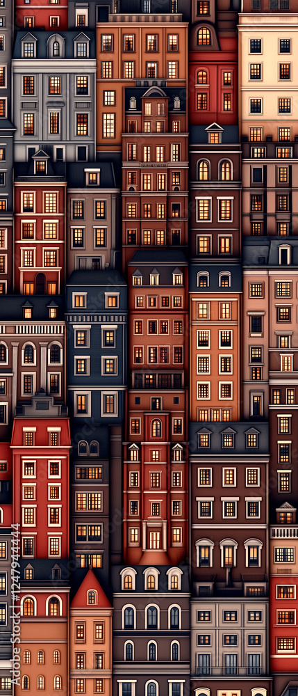 A colorful cityscape with many buildings and windows. The buildings are of different colors and sizes, and the windows are of various shapes and sizes. Scene is lively and vibrant, with the buildings A colorful cityscape with many buildings and windows. The buildings are of different colors and sizes, and the windows are of various shapes and sizes. Scene is lively and vibrant, with the buildings