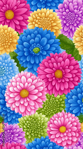 Colorful floral pattern with vibrant flowers and green leaves