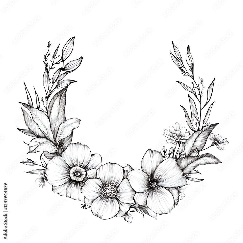 Obraz premium Black and white floral wreath illustration with various flowers and leaves