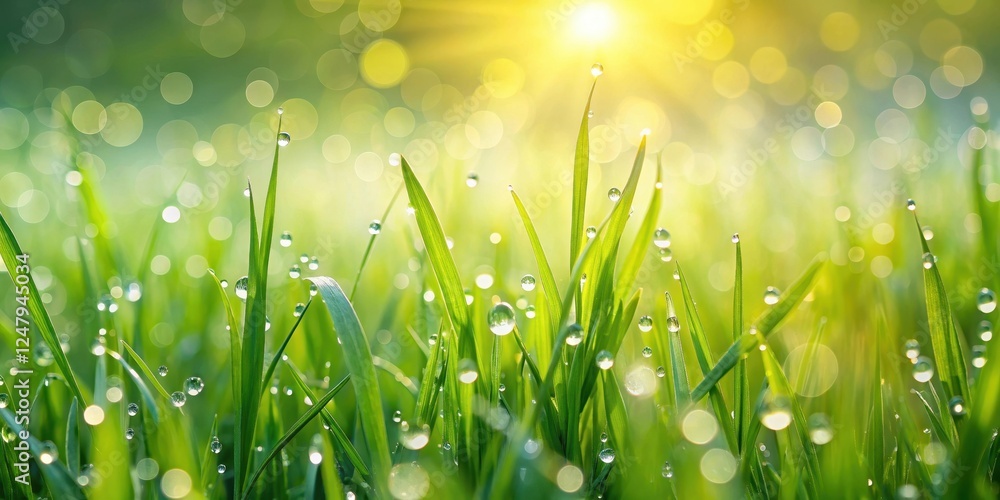 Fototapeta premium Softly glowing sunlight filters through the blades of fresh green grass covered in morning dew, creating a serene and peaceful atmosphere on a spring morning , tranquility, fresh grass