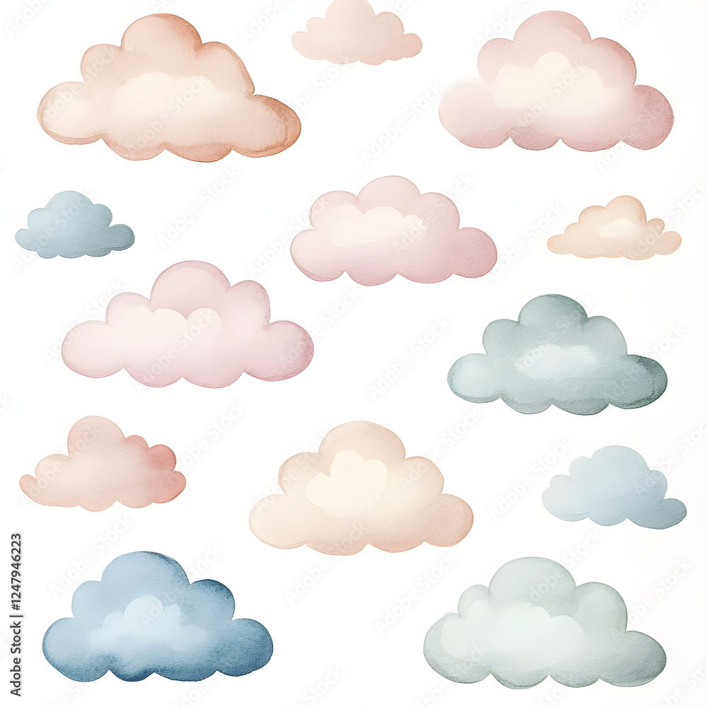 Soft pastel clouds in various shapes and sizes create dreamy atmosphere Soft pastel clouds in various shapes and sizes create dreamy atmosphere