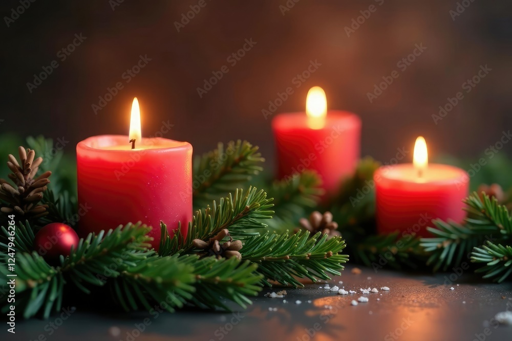 Candles and evergreen branches create a festive holiday scene, christmas, festive, gentle Candles and evergreen branches create a festive holiday scene, christmas, festive, gentle