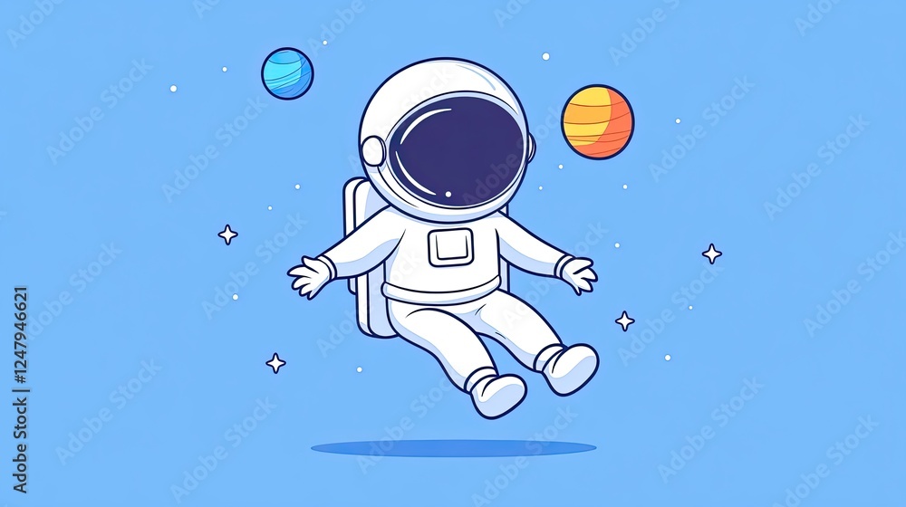 Cartoon astronaut floating in space with colorful planets and stars in a bright blue background Cartoon astronaut floating in space with colorful planets and stars in a bright blue background