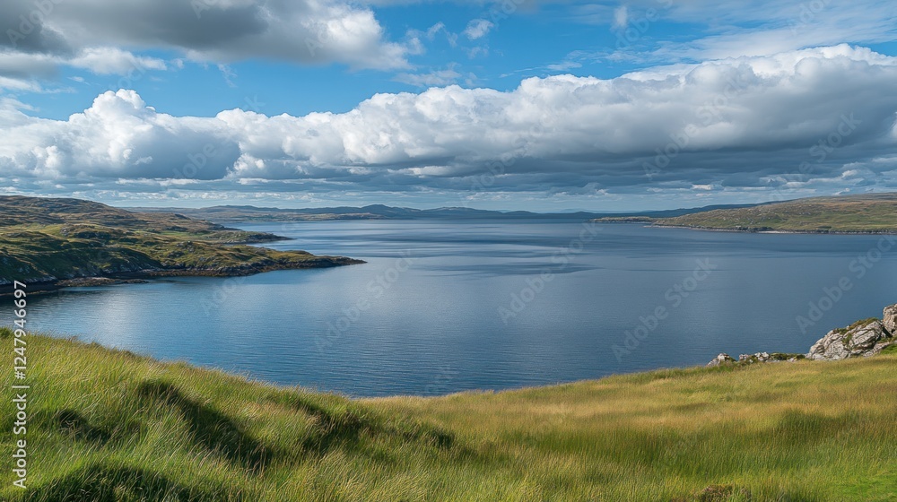 Serene Scottish loch vista with captivating cloudscape and verdant hills Serene Scottish loch vista with captivating cloudscape and verdant hills