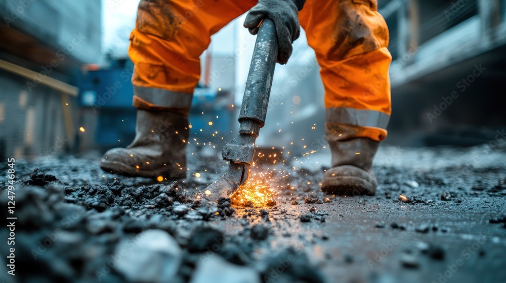 Construction worker using jackhammer to break asphalt. Construction worker using jackhammer to break asphalt.