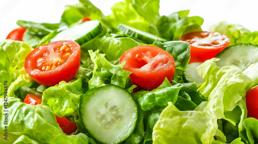 Fresh salad with tomatoes and cucumbers. Healthy food, close-up shot, white background Fresh salad with tomatoes and cucumbers. Healthy food, close-up shot, white background