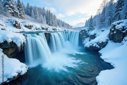 Frozen waterfalls in a snowy mountain landscape, winter, frozen river